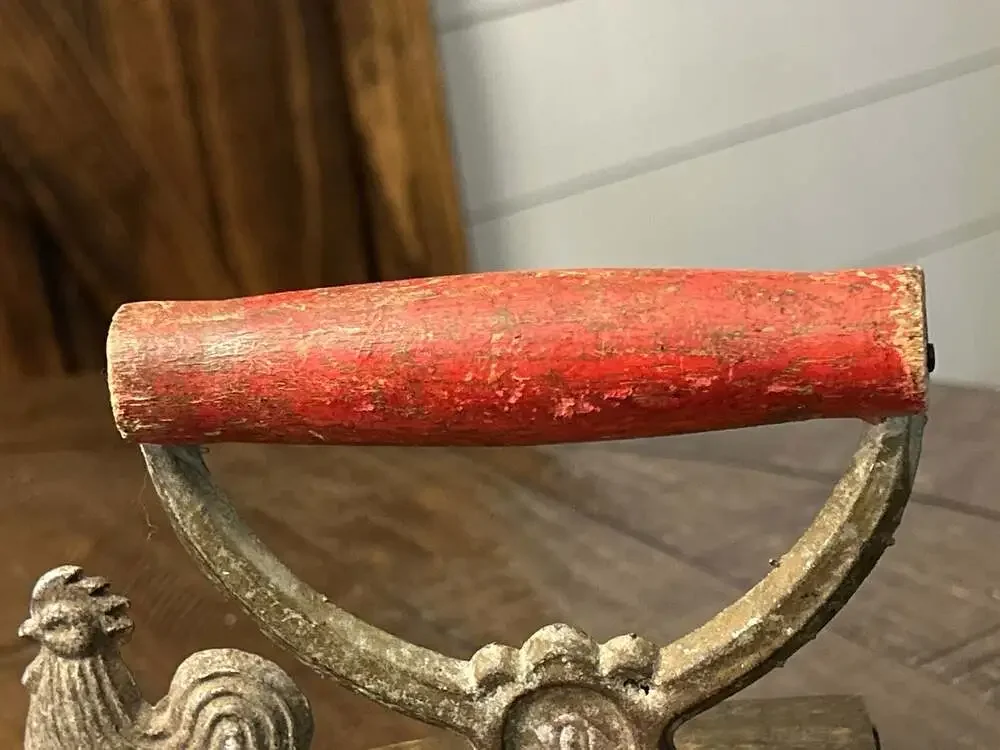 Vintage Charcoal Sad Iron with Rooster Finial and Red Wooden Handle
